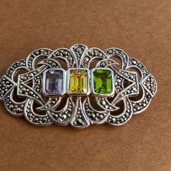 Vintage Sterling Silver Amethyst Citrine Peridot & Marcasite Brooch Pin - Picture 5 of 11